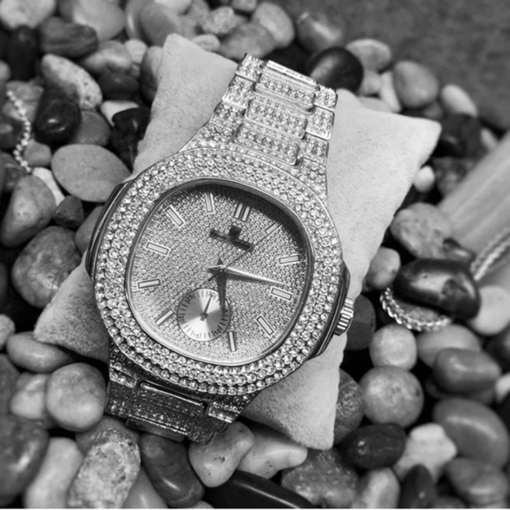 Mens iced out cuban link watch set